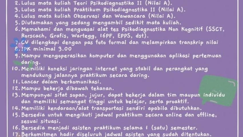 DIBUKA RECRUITMENT ASISTEN PRAKTIKUM PSIKODIAGNOSTIKA NON KOGNITIF