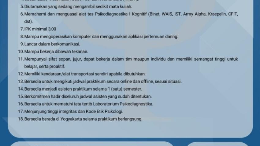 DIPERPANJANG! PENDAFTARAN ASISTEN PRAKTIKUM PSIKODIAGNOSTIKA KOGNITIF SEMESTER GASAL TA. 2022/2023